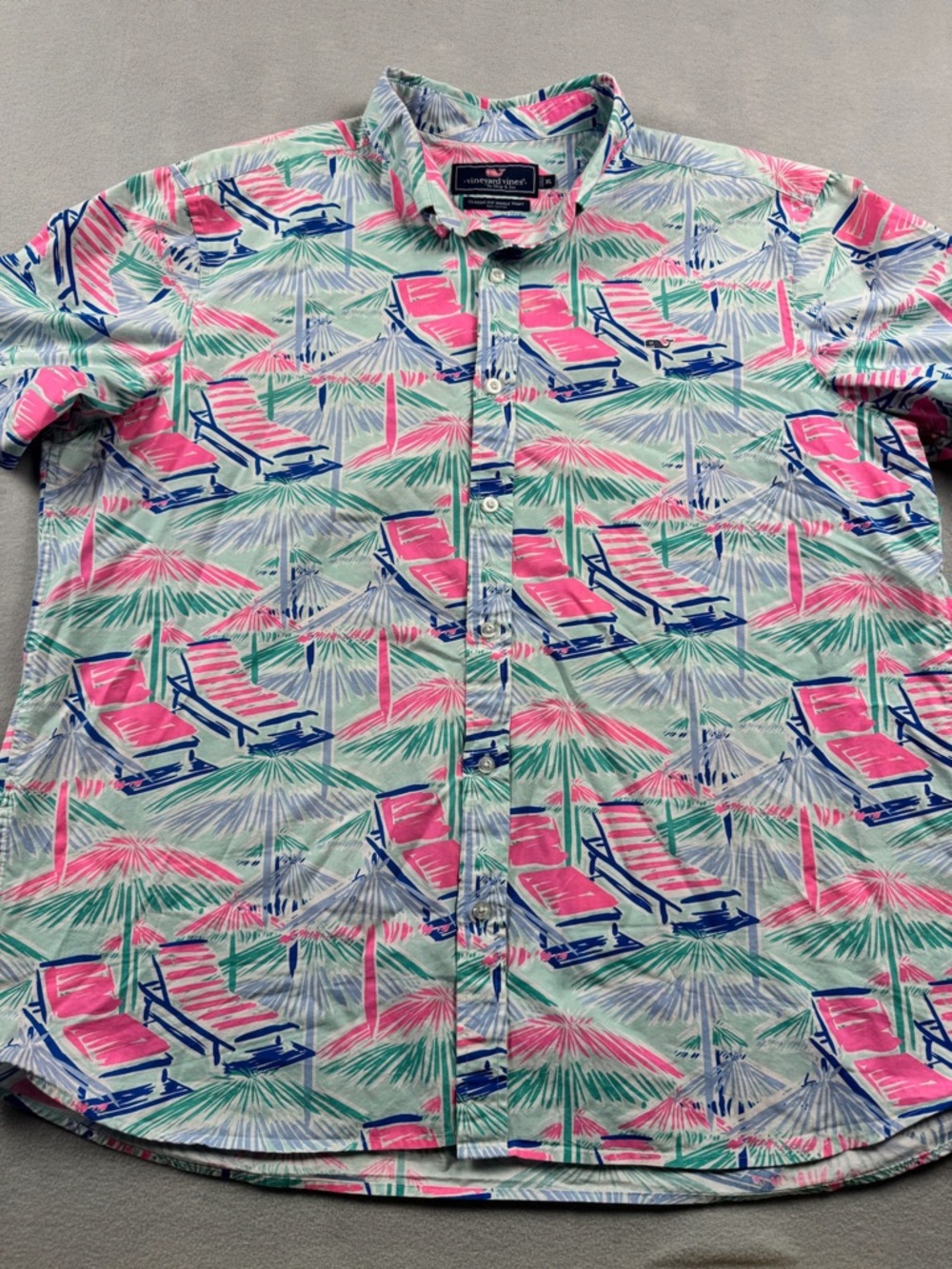 Vineyard Vines Mens XL Aqua Pink Classic Fit Whale Shirt Tropical Short Sleeve